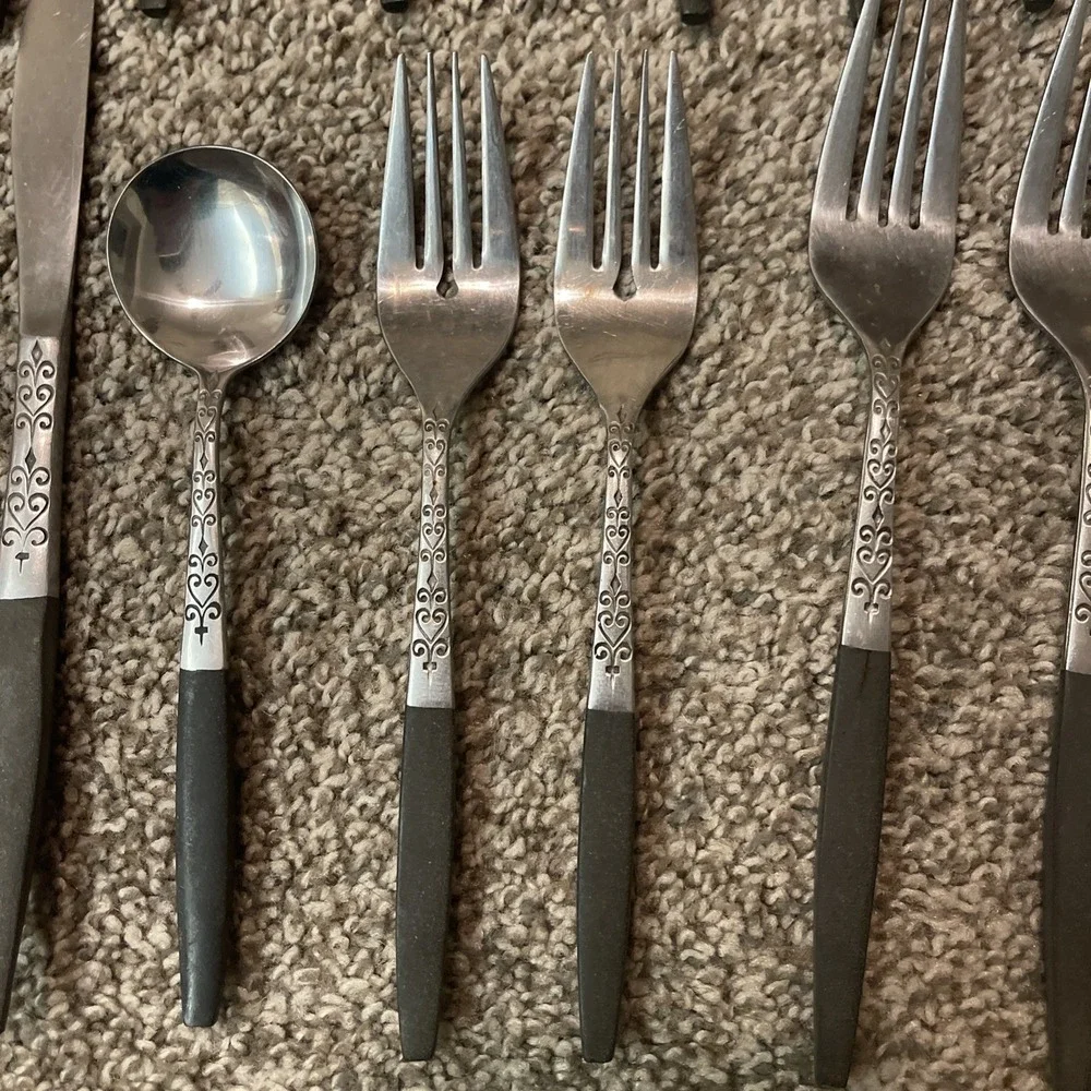 6 Interpur INR2 Stainless Spoons Brown Faux Wood Flatware Japan Spoon Fork Knife